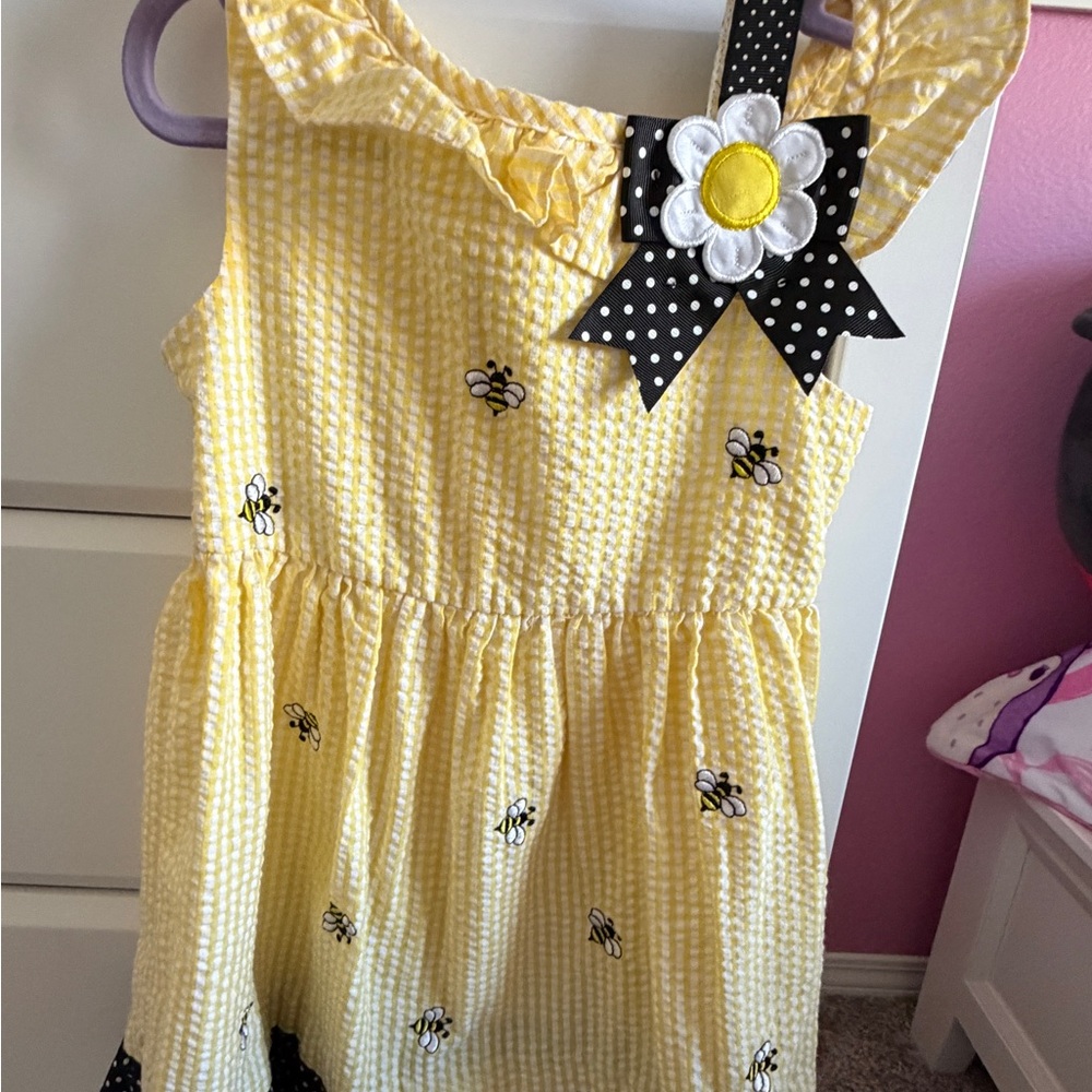Yellow Gingham Dress with Bee Embroidery